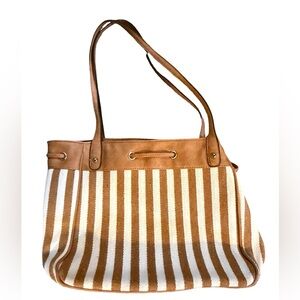 White House Black Market Canvas Boho Striped Purse Tan and Cream
